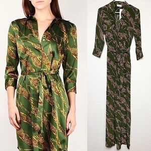NWT L'AGENCE 70s‎ Silk Chain Leopard Tie Waist Button Up 3/4 Sleeve Jumpsuit S